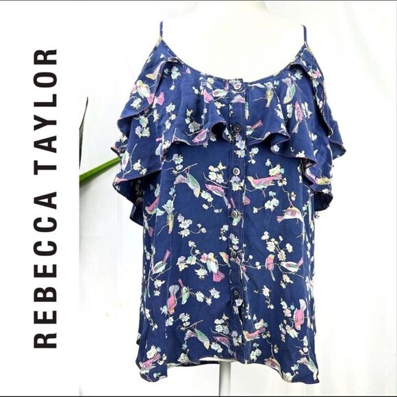 REBECCA TAYLOR Size 4 Silk Spaghetti Strap Top Floral with Ruffle Detail - Picture 1 of 9